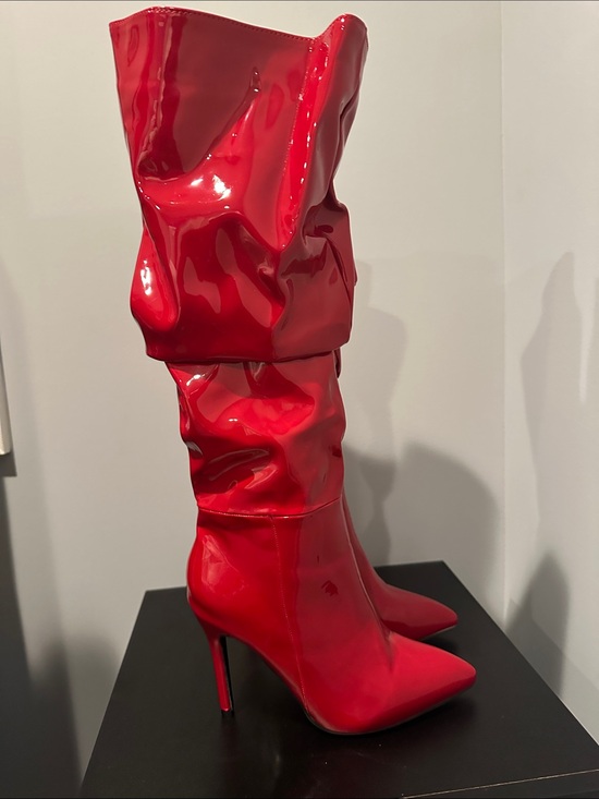 Shoes - Patent Red Knee-High Stiletto Boots - Women's Fashion Boots